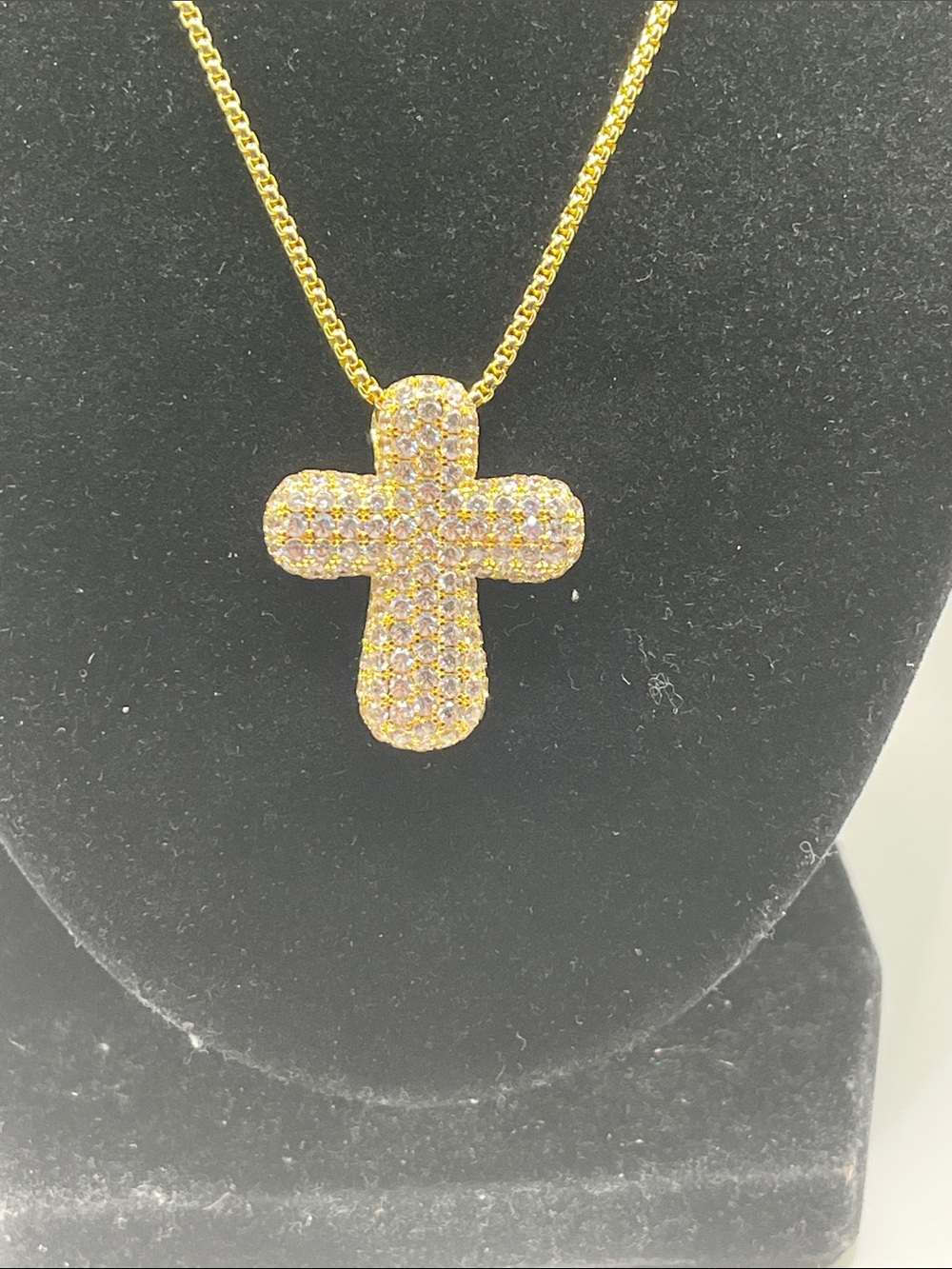 Kissyan Gold Puffer Cross Pendant Necklace with Clear Pavé Stones